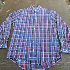FootJoy FJ 1857‎ Mens Large Navy Blue Red Plaid Long Sleeve Button Down Shirt